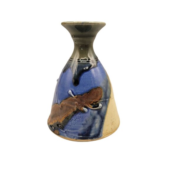 Studio Art Pottery Vase Etched Raised Relief Stars Honeycomb Artist Signed - Picture 1 of 7